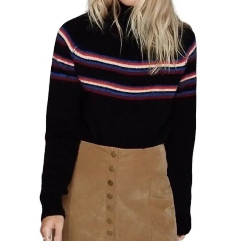 Free People Stripe Wool Blend Mock Neck Sweater Size XS Black Multi Women’s